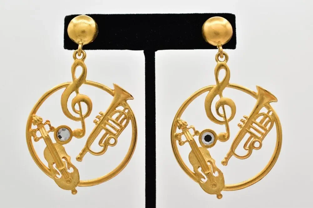 Vintage Musical Dangle Earrings Instrument Brushed Gold Matte NOS 1980s BinBK